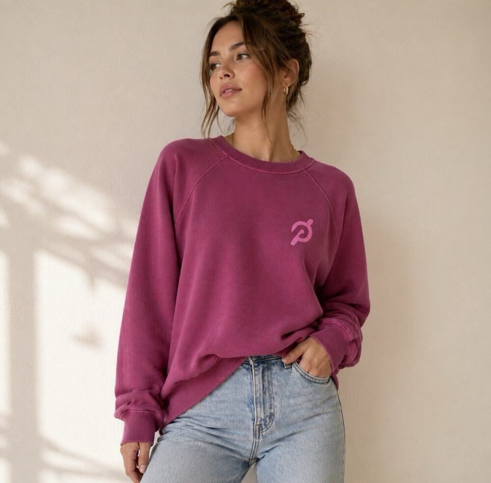 Peloton Spiritual Gangster Sz Med Dark Pink Frnt & Back Graphics LS Crew Neck